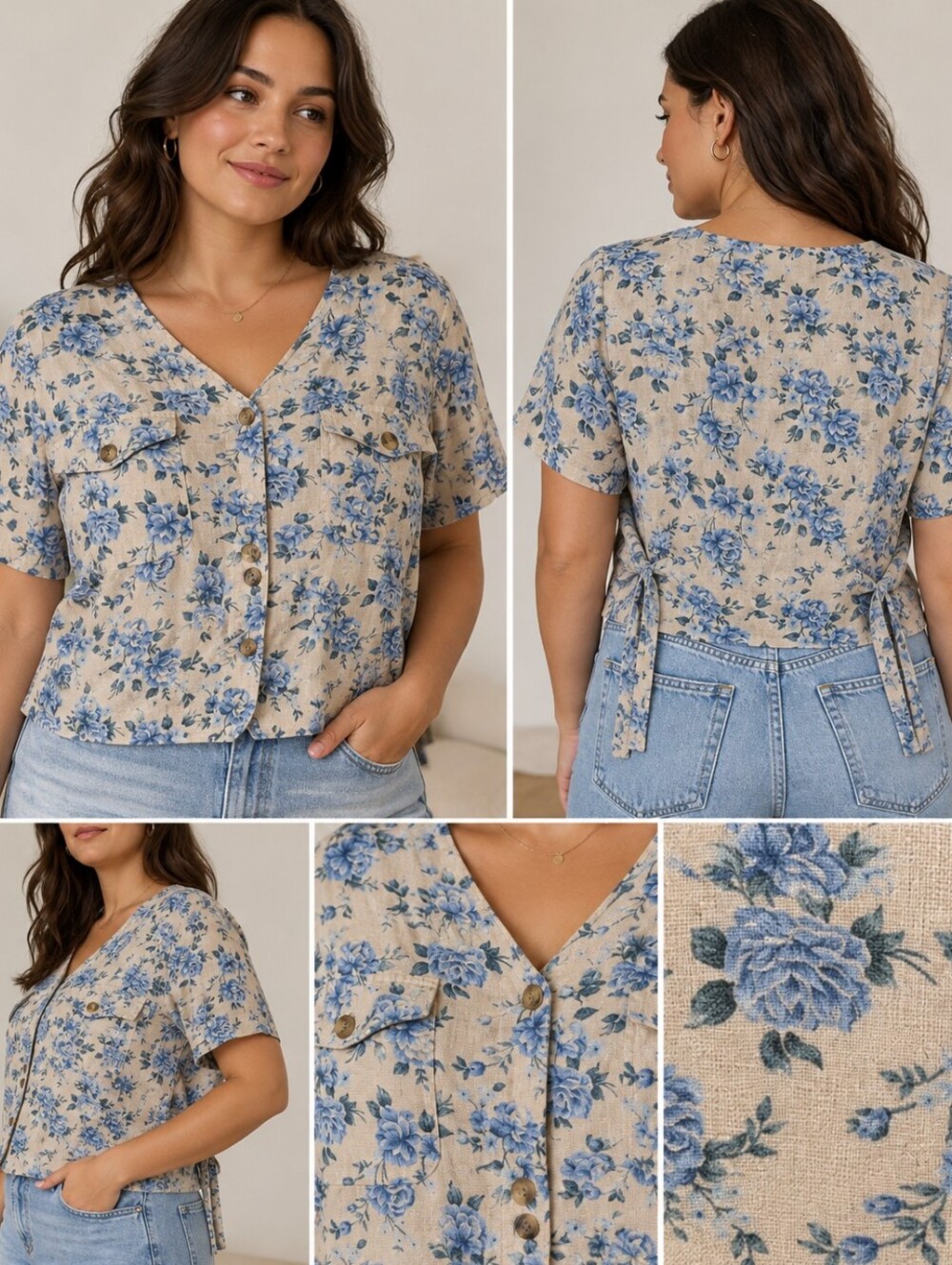 Vintage Erika & Co XL Blue Rose Floral Linen Cotton Tie Back Blouse
